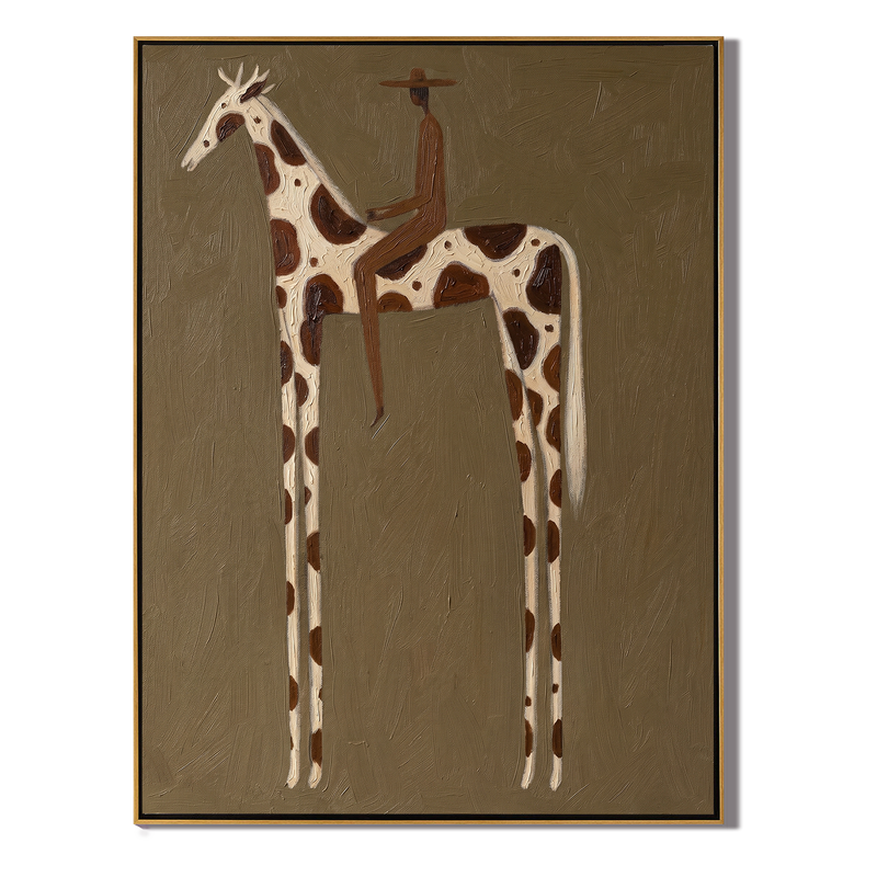 The Tall Ride – Vintage Americana Rider on Giraffe-Pattern Folk Painting | Boho Living Room Art