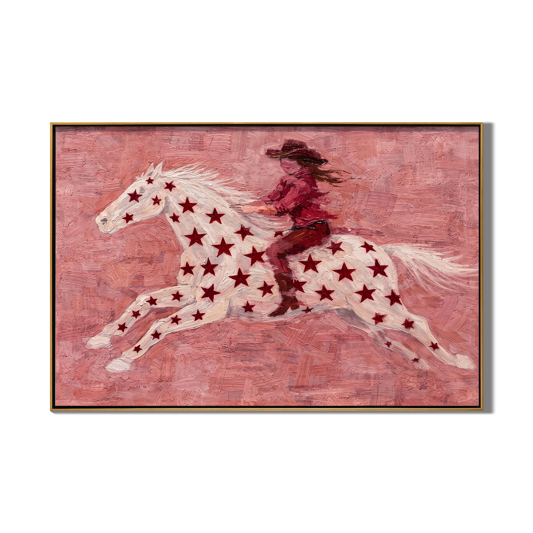 Stardust Gallop – Whimsical Pink Star-Spangled Horse & Rider Painting | Playful Western Ranch Art