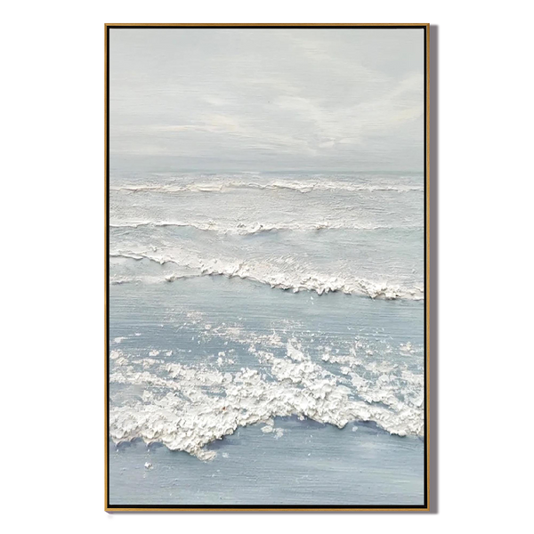 Ocean Mist – Hand-Painted Pale Blue 3D Impasto Wave Seascape Painting | Coastal Modern Living Room & Bedroom Art