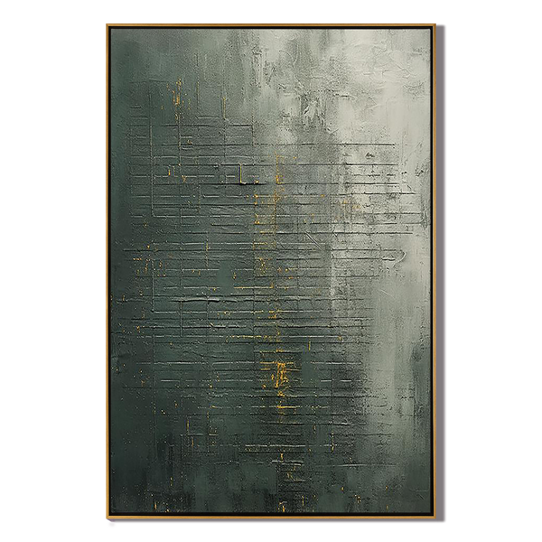 Golden Patina – Hand-Painted Distressed Dark Green Gold Foil Plaster Relief Wabi-Sabi Painting | Japandi Wabi-Sabi Living Room & Bedroom Art