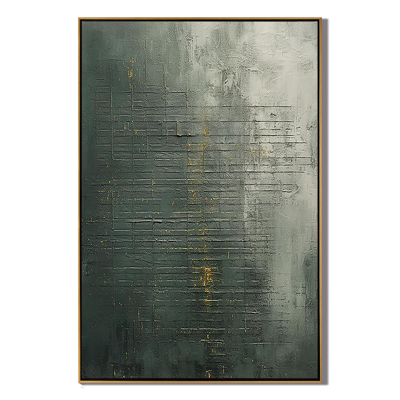 Golden Patina – Hand-Painted Distressed Dark Green Gold Foil Plaster Relief Wabi-Sabi Painting | Japandi Wabi-Sabi Living Room & Bedroom Art