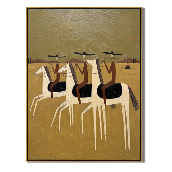 Gold Field Three – Vintage Americana Three Riders on Spotted Horses Painting | Modern Farmhouse Living Room Art