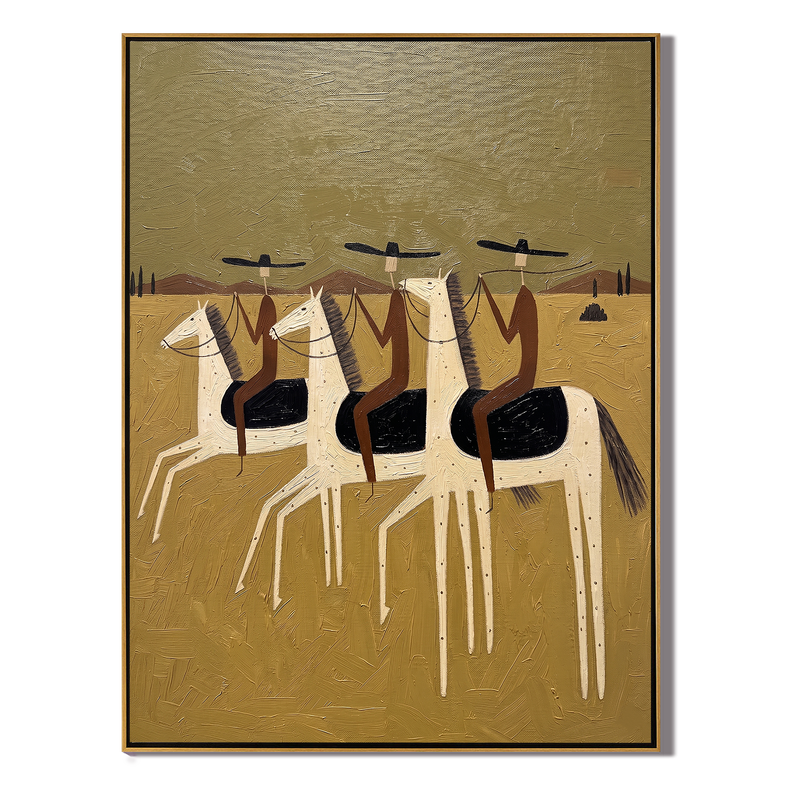 Gold Field Three – Vintage Americana Three Riders on Spotted Horses Painting | Modern Farmhouse Living Room Art