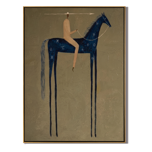 Blue Arrow – Vintage Americana Rider with Spear on Indigo Horse Painting | Bold Folk Art Living Room Art