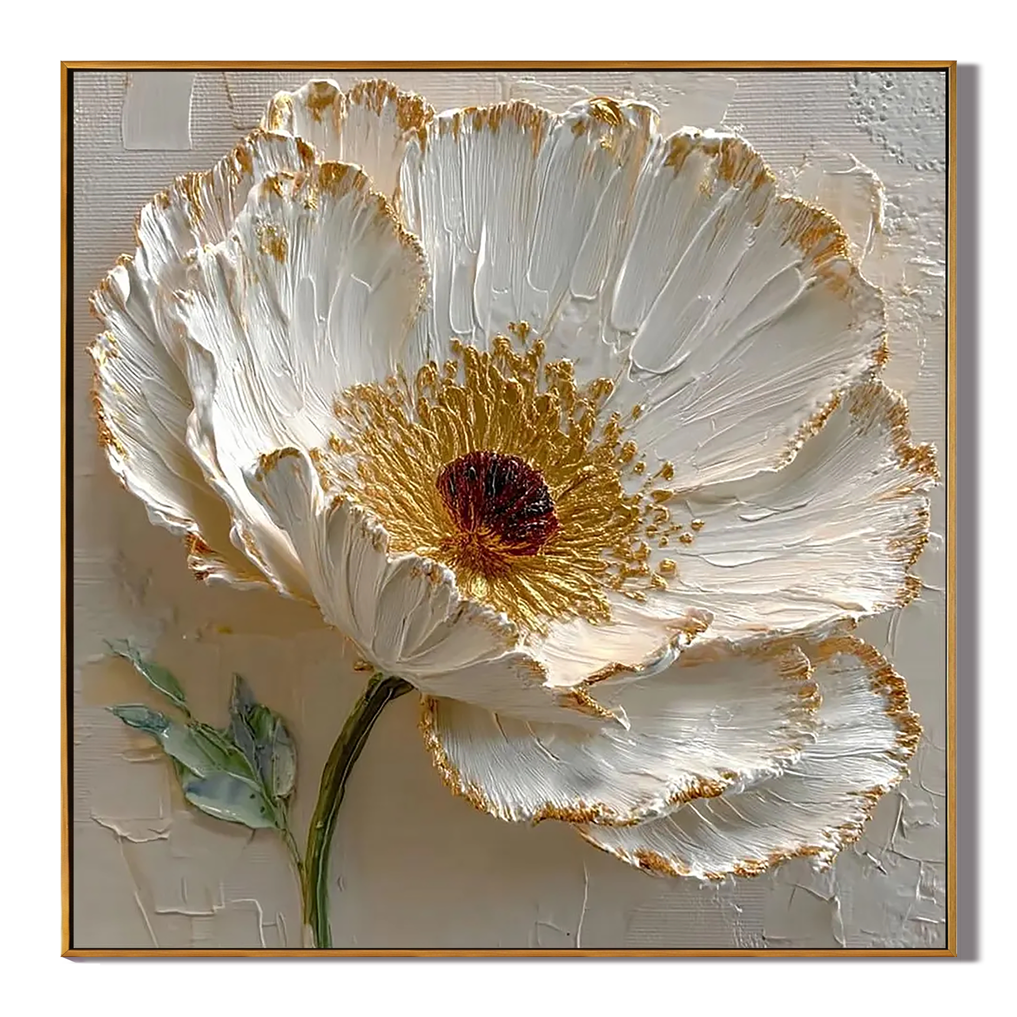 GILDED PETALS: Floral Wall Art, Hand-Painted White Blossom 3D Relief Heavy Texture Gold Rim Studio Art