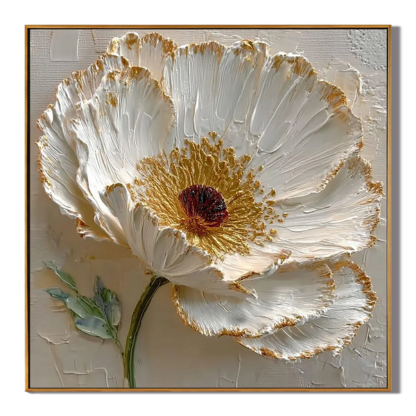 Gilded Petals – Hand-Painted White Blossom 3D Relief Heavy Texture Gold Rim Floral Painting | Modern Luxury Botanical Bedroom & Living Room Art
