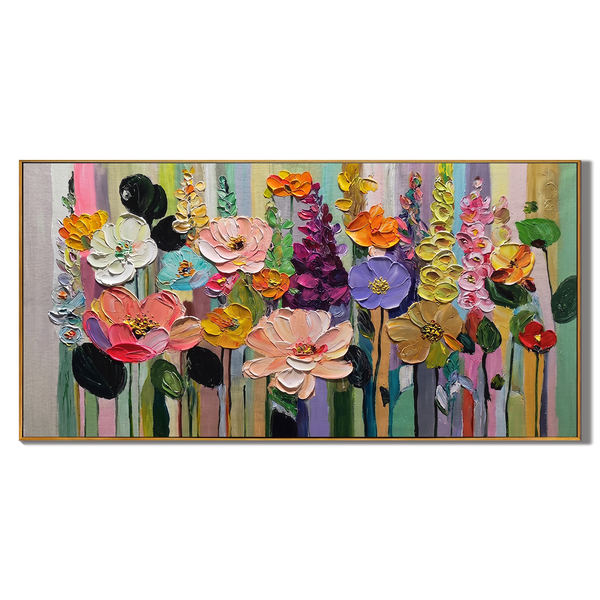 Dopamine Garden – Modern Impasto Colorful Wildflower Canvas | Joyful Living Room Wall Art
