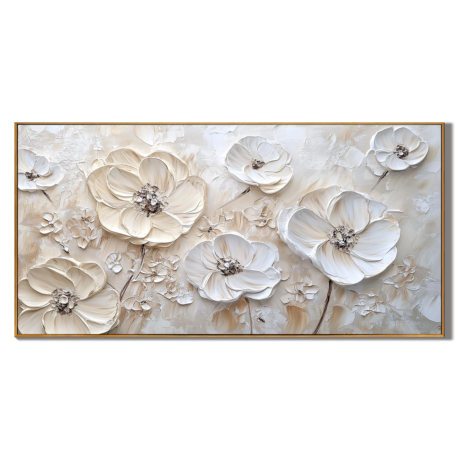 IVORY BLOOM: Flower-Tree Art, Hand-Painted Horizontal Creamy Beige Floral Plaster Relief 3D Heavy Texture Studio Art