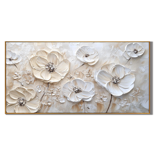 Ivory Bloom – Hand-Painted Creamy Beige Floral Plaster Relief Floral Painting | Soft Organic Botanical Bedroom & Living Room Art