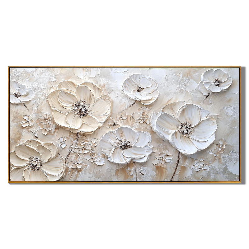 Ivory Bloom – Hand-Painted Creamy Beige Floral Plaster Relief Floral Painting | Soft Organic Botanical Bedroom & Living Room Art