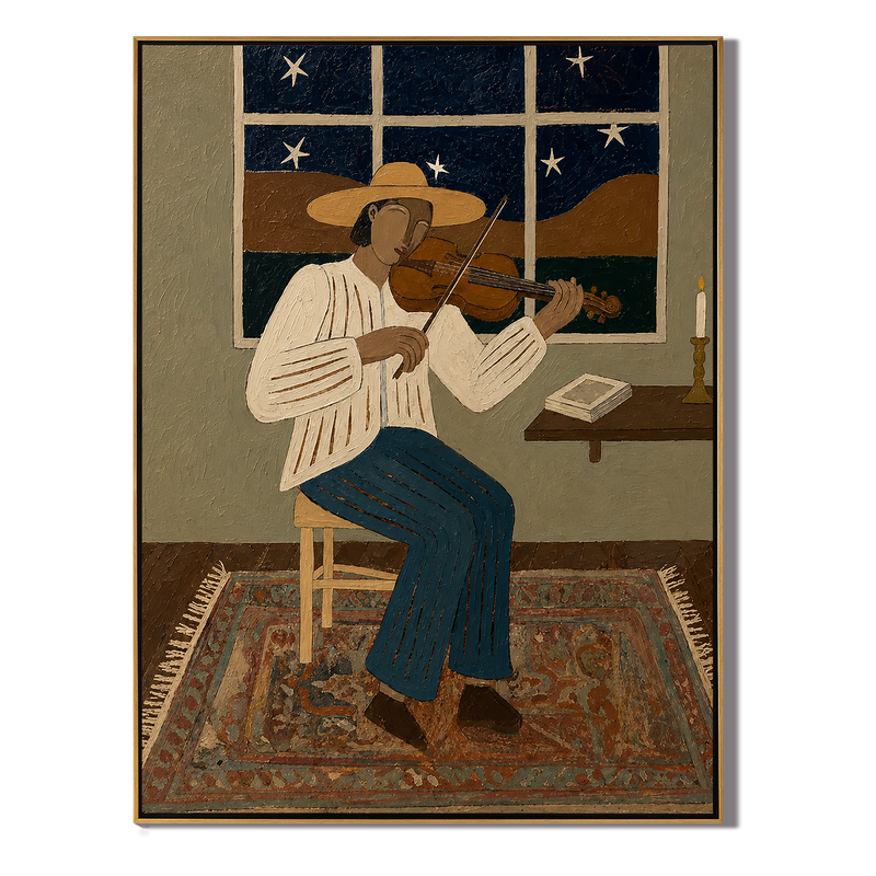 Starlight Fiddler – Vintage Americana Night Musician Painting | Folk Interior Living Room Art