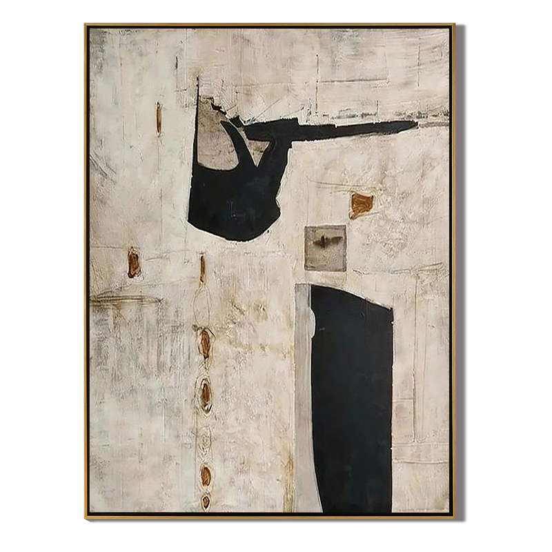 Ancient Echo – Modern Neutral Plaster Relief with Black Geometric Shapes Wabi-Sabi Painting | Japandi Organic Wabi-Sabi Living Room & Hallway Art