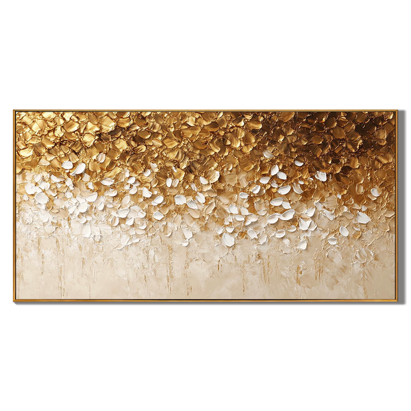Golden Cascade – Hand-Painted Gold Foil and White 3D Textured Glitter Plaster Floral Painting | Modern Luxury Botanical Bedroom & Living Room Art