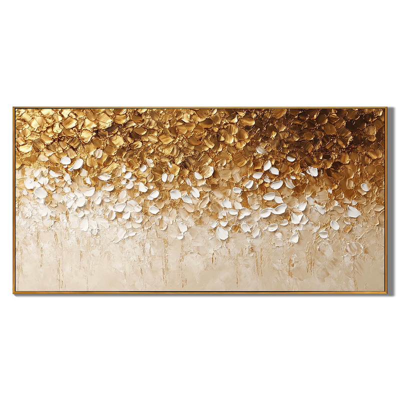 Golden Cascade – Hand-Painted Gold Foil and White 3D Textured Glitter Plaster Floral Painting | Modern Luxury Botanical Bedroom & Living Room Art