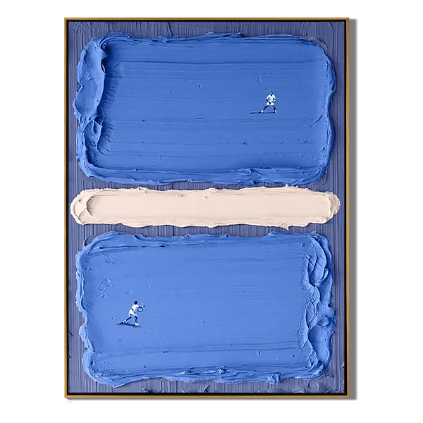 Court Horizon – Hand-Painted Deep Blue Tennis Court Athletes 3D Sport Painting | Contemporary Sport Home Office & Living Room Art