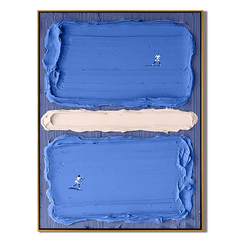Court Horizon – Hand-Painted Deep Blue Tennis Court Athletes 3D Sport Painting | Contemporary Sport Home Office & Living Room Art