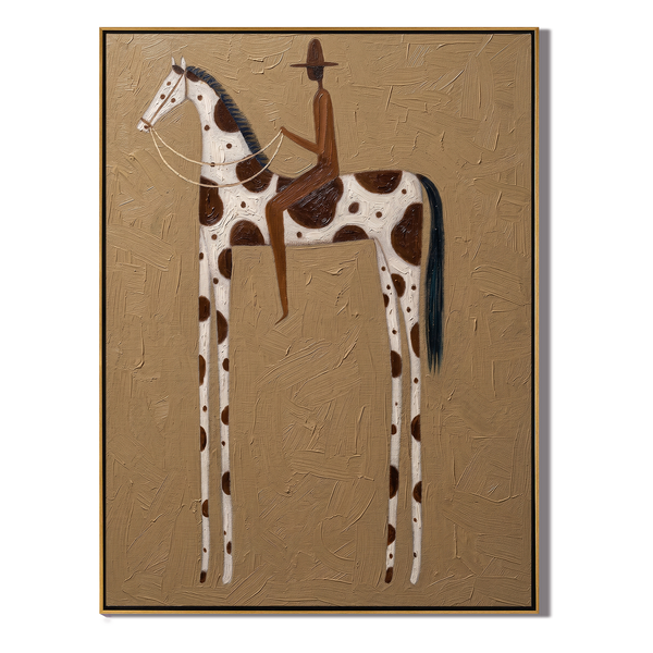 Cream & Coffee – Vintage Americana Rider on Cream Pinto Horse Painting | Farmhouse Living Room Art