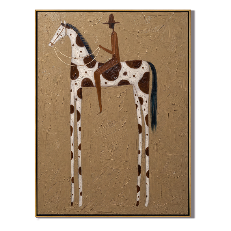 Cream & Coffee – Vintage Americana Rider on Cream Pinto Horse Painting | Farmhouse Living Room Art