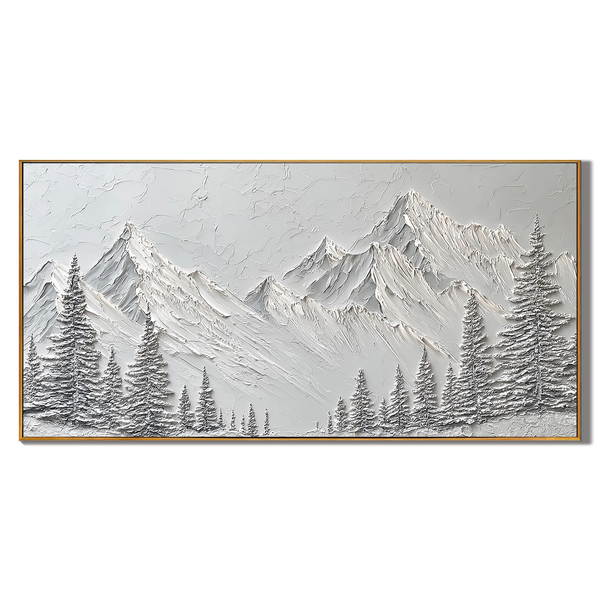 Snow Peak – Modern White Pine & Peak Relief Texture Painting | Contemporary Mountain Living Room & Home Office Art