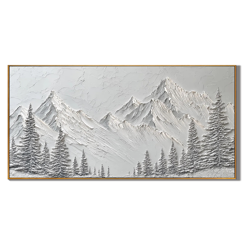 Snow Peak – Modern White Pine & Peak Relief Texture Painting | Contemporary Mountain Living Room & Home Office Art