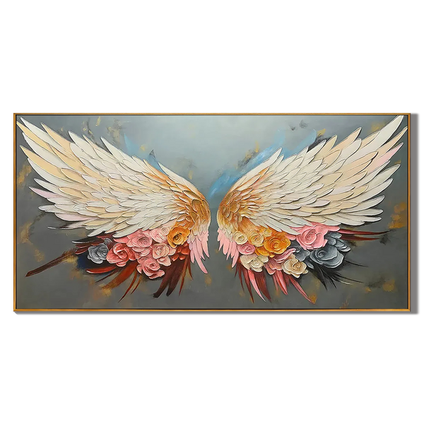 Angelic Bloom – White Feather & Pink Floral Relief Texture Painting | Contemporary Botanical Bedroom & Living Room Art