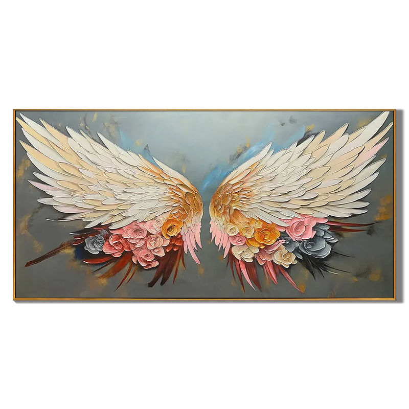 Angelic Bloom – White Feather & Pink Floral Relief Texture Painting | Contemporary Botanical Bedroom & Living Room Art