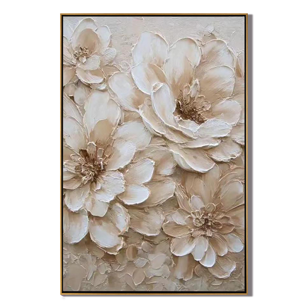 Ivory Petals – Modern Creamy Ivory Abstract Floral Tree Plaster Relief Painting | Contemporary Sculpted Plaster Gallery Art
