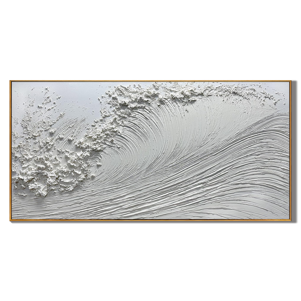 The Tidal Symphony – All White Minimalist Textured Ocean Wave Art | Wabi-Sabi Heavy Impasto Living Room Art