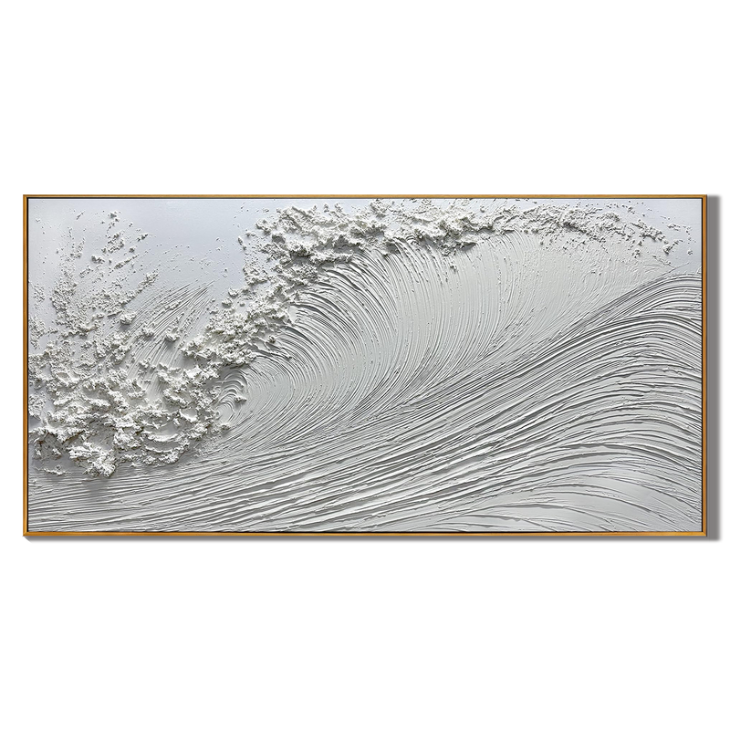 The Tidal Symphony – All White Minimalist Textured Ocean Wave Art | Wabi-Sabi Heavy Impasto Living Room Art