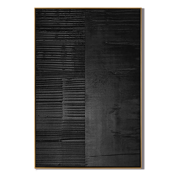 Carbon Grid – Hand-Painted Pure Black Plaster Effect Industrial Line Relief Wabi-Sabi Painting | Japandi Wabi-Sabi Living Room & Bedroom Art