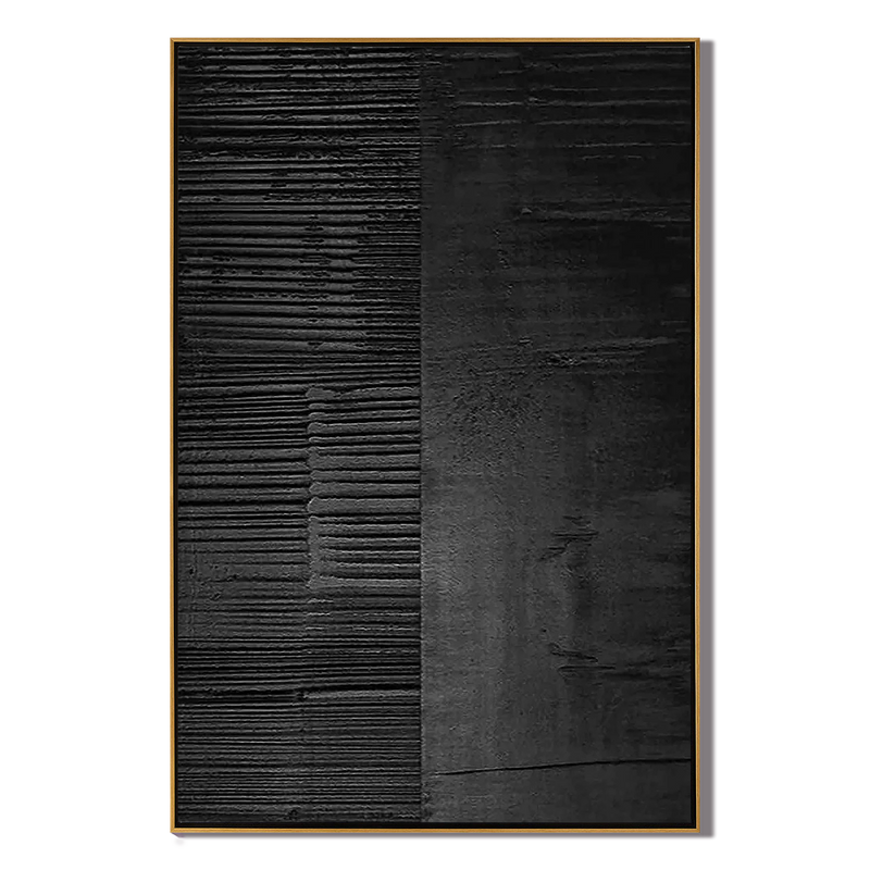 Carbon Grid – Hand-Painted Pure Black Plaster Effect Industrial Line Relief Wabi-Sabi Painting | Japandi Wabi-Sabi Living Room & Bedroom Art
