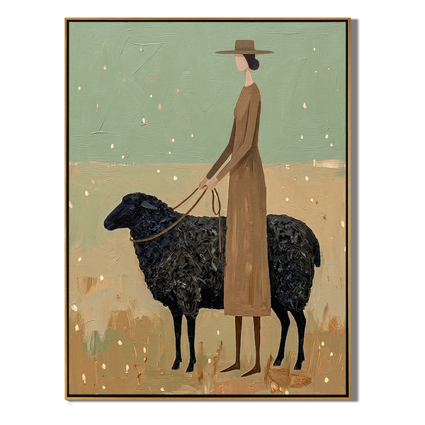 The Shepherdess – Vintage Americana Woman with Black Sheep Painting | Modern Organic Living Room Art