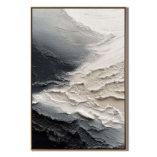 Arctic Fissure – Hand-Painted Black and White Plaster Effect Relief Texture Painting | Bold Minimalist Bedroom & Home Office Art