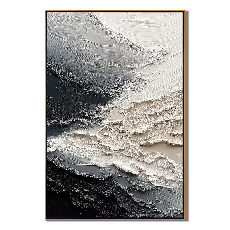 Arctic Fissure – Hand-Painted Black and White Plaster Effect Relief Texture Painting | Bold Minimalist Bedroom & Home Office Art