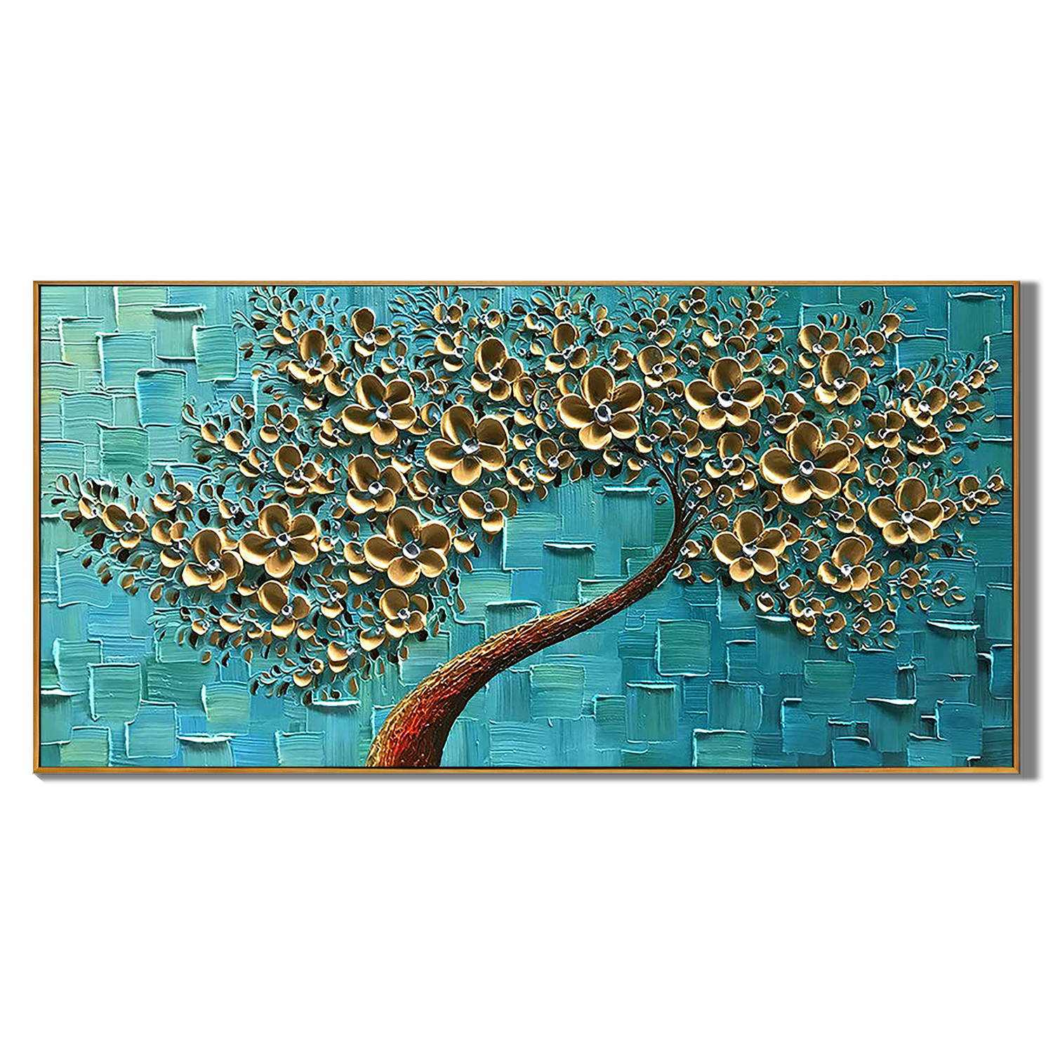 TEAL RADIANCE: Panoramic 3D Heavy Texture Tree Wall Art, Gold Leaf Flower Relief Painting