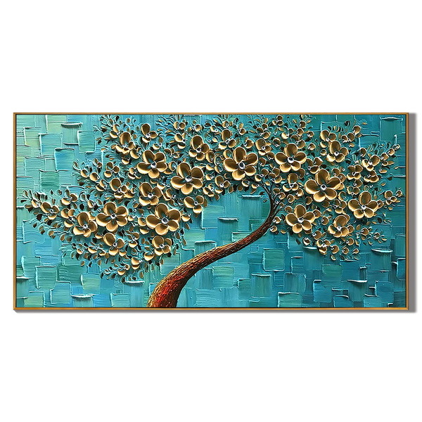 Teal Radiance – Gold Leaf Flower Relief Texture Painting | Modern Luxury Botanical Bedroom & Living Room Art