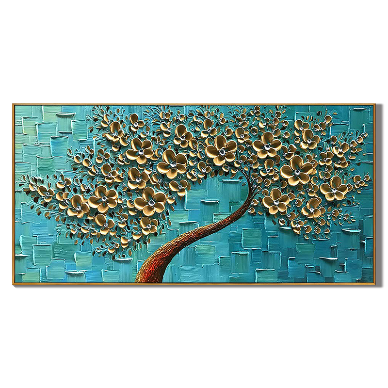 Teal Radiance – Gold Leaf Flower Relief Texture Painting | Modern Luxury Botanical Bedroom & Living Room Art