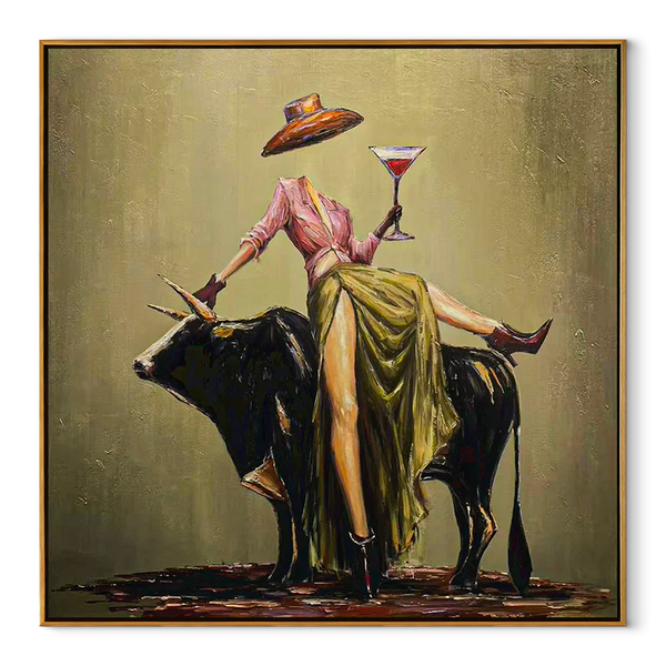 Brim Above the Bull – Olive Western Woman and Black Bull Painting | Vintage Americana Square Wall Art