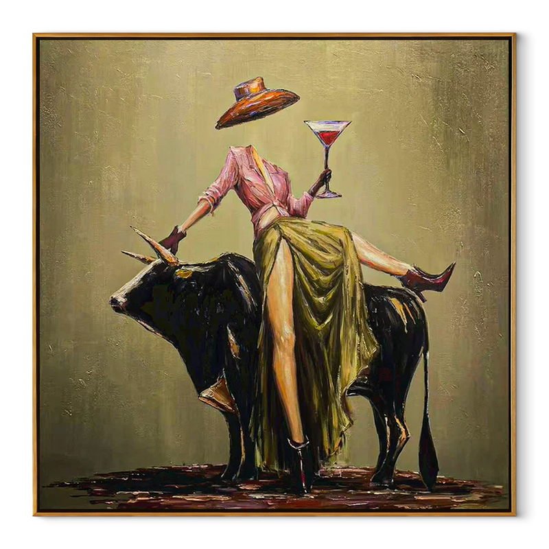 Brim Above the Bull – Olive Western Woman and Black Bull Painting | Vintage Americana Square Wall Art