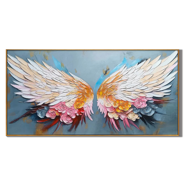 Celestial Wings – Hand-Painted Floral Palette Knife 3D Angel Painting | Contemporary Botanical Bedroom & Living Room Art