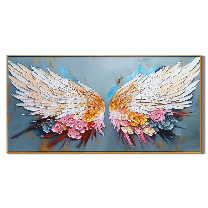 Celestial Wings – Hand-Painted Floral Palette Knife 3D Angel Painting | Contemporary Botanical Bedroom & Living Room Art