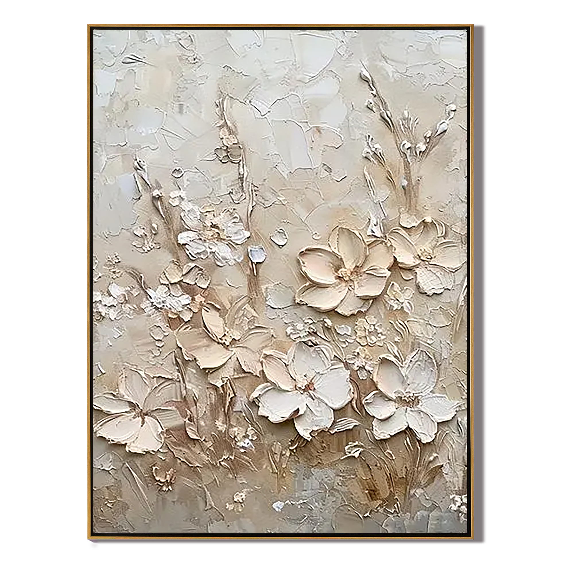 IVORY BLOSSOMS: Floral Wall Art, 3D Impasto Creamy White Floral Hand-Painted Plaster Effect Canvas Painting