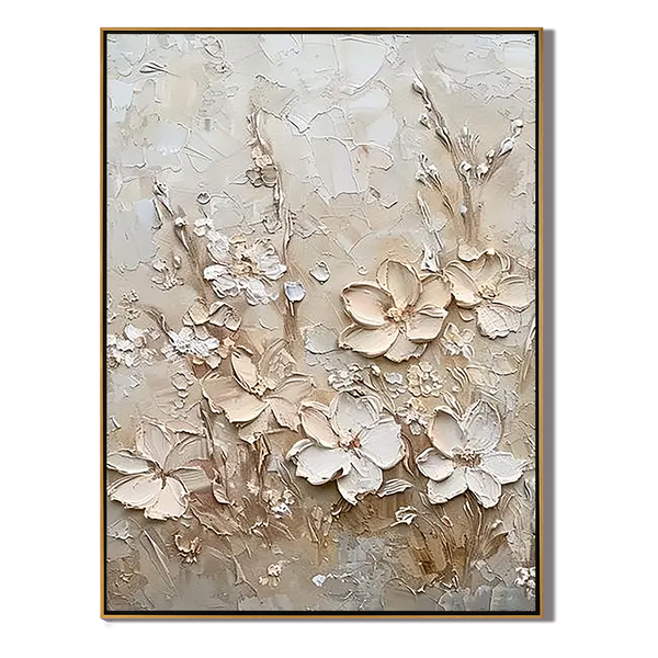 Ivory Blossoms – 3D Impasto Creamy White Floral Hand-Painted Plaster Effect Floral Painting | Soft Organic Botanical Bedroom & Living Room Art