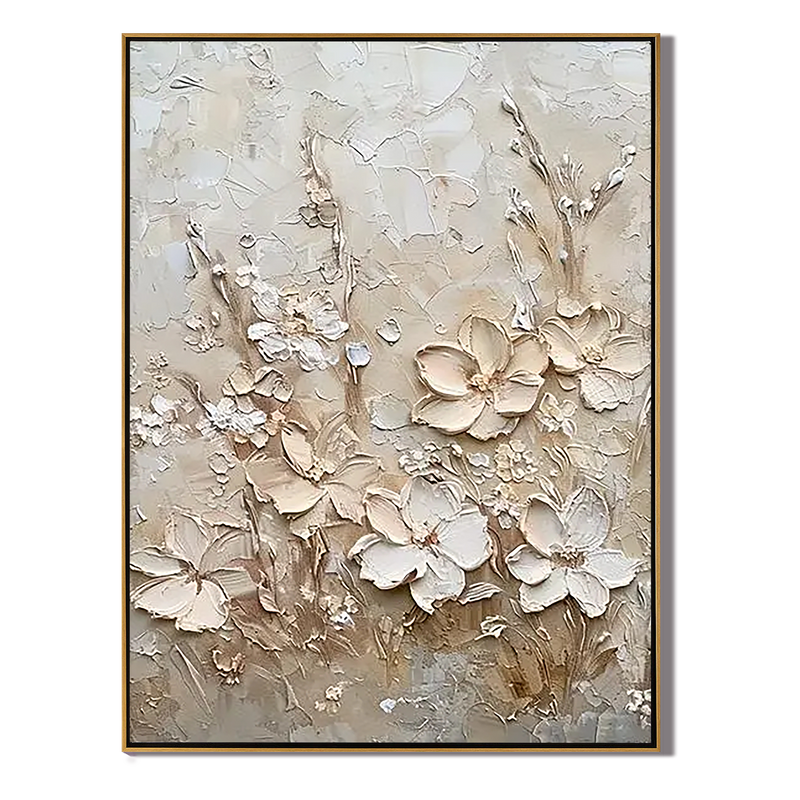 Ivory Blossoms – 3D Impasto Creamy White Floral Hand-Painted Plaster Effect Floral Painting | Soft Organic Botanical Bedroom & Living Room Art
