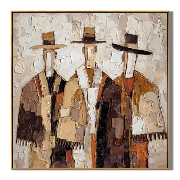 The Quiet Assembly – Mid-Century Neo-Expressionist Figures Heavy Impasto Painting | Earth Tone Palette Knife Abstract Portrait Canvas for Modern Living Room & Study