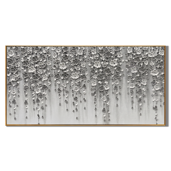 Whispering Shadows – Modern Minimalist Monochrome Oil Painting | Impasto Cascading Petal Living Room Art