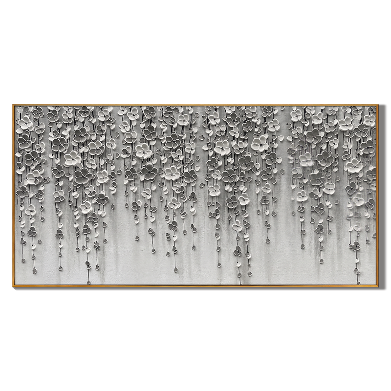 Whispering Shadows – Modern Minimalist Monochrome Oil Painting | Impasto Cascading Petal Living Room Art