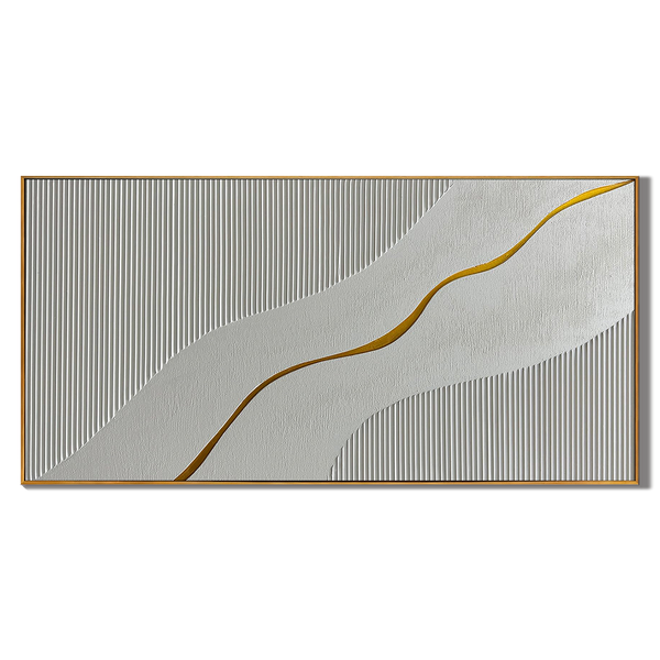 Vein of Gold – Wabi-Sabi White Textured Abstract Art with Gold Line | Modern Luxury Living Room Art