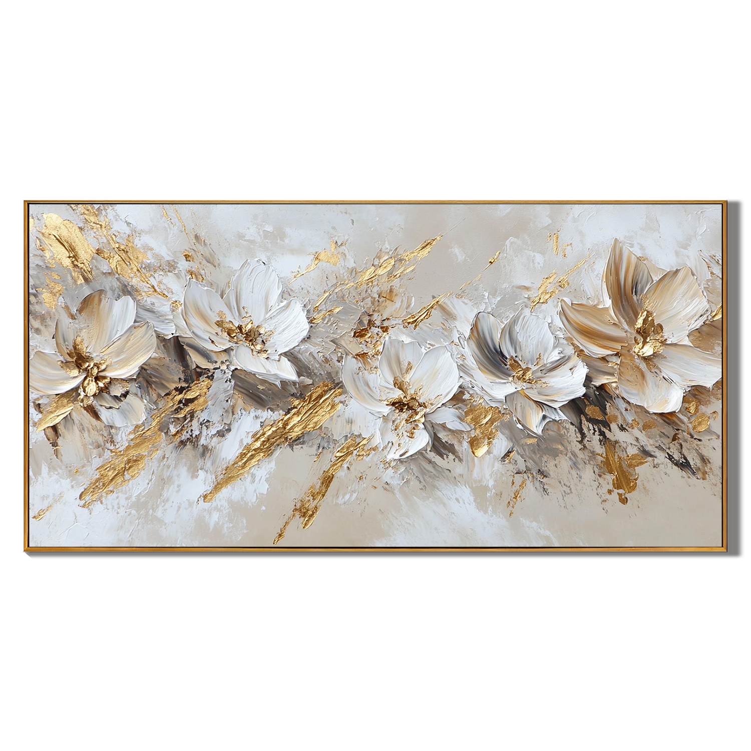 DIVINE WINGS: Panoramic 3D Heavy Texture Floral Wall Art, Modern White & Gold Leaf Relief