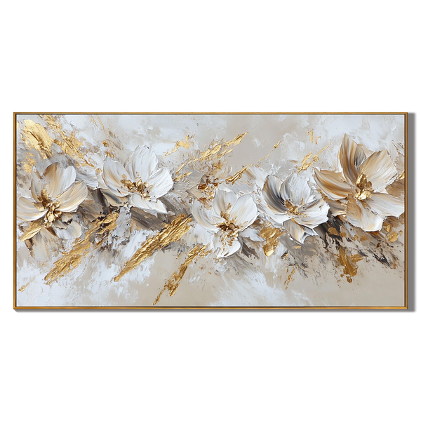 Divine Wings – Modern White & Gold Leaf Relief Floral Painting | Modern Luxury Botanical Bedroom & Living Room Art